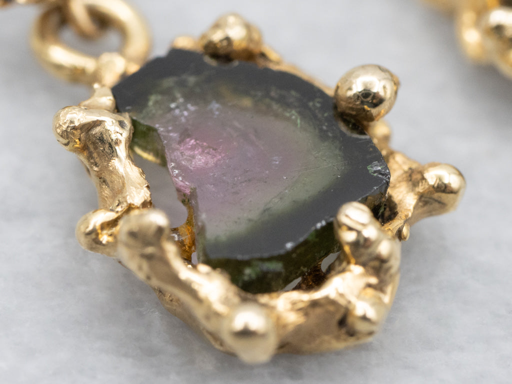 Sculptural Gold Raw Watermelon Tourmaline Drop Earrings with Sapphires