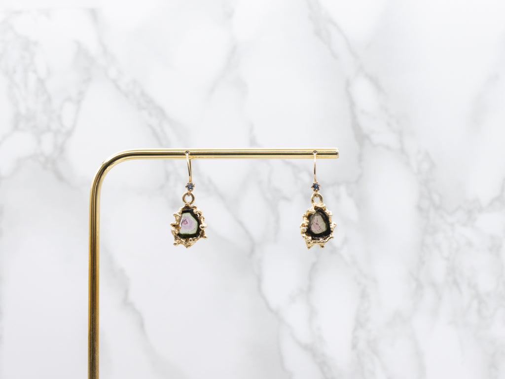 Sculptural Gold Raw Watermelon Tourmaline Drop Earrings with Sapphires