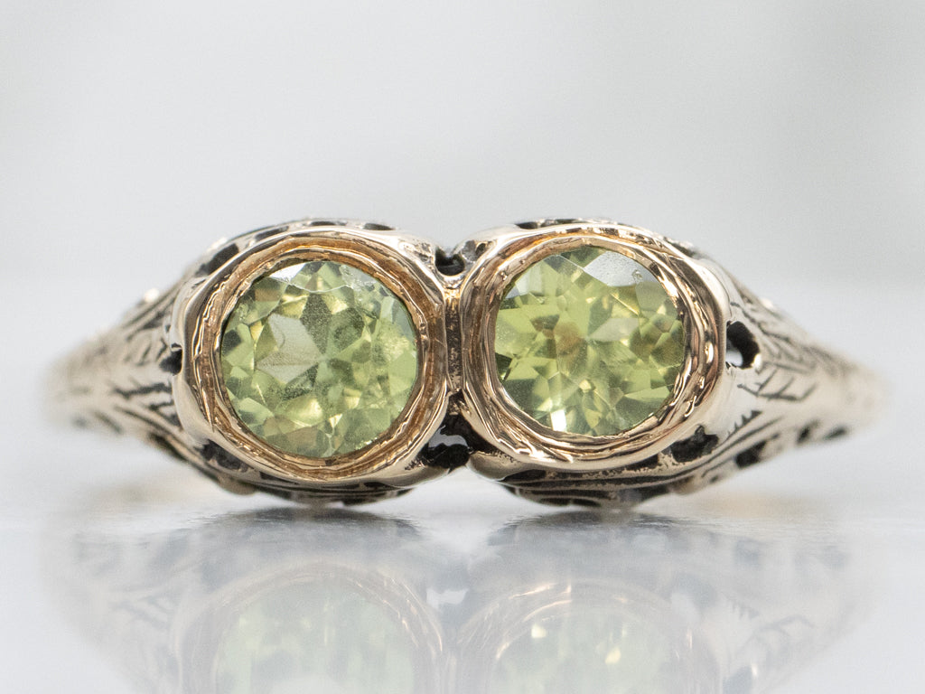 Antique Double Peridot Yellow Gold Filigree Ring