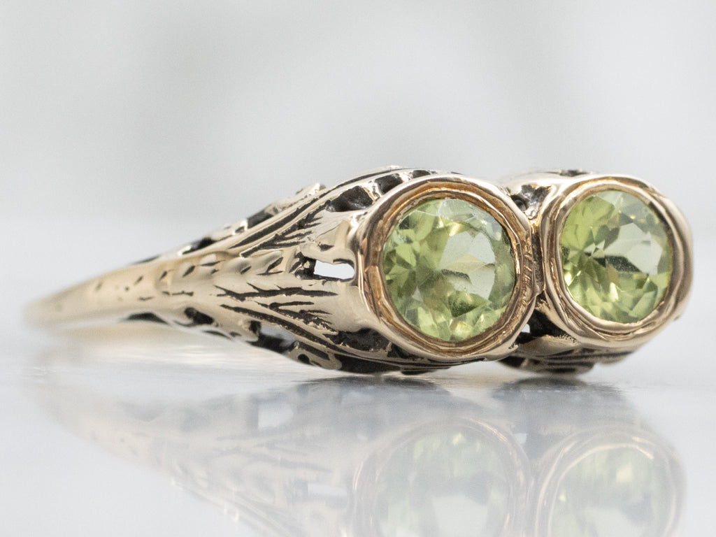 Antique Double Peridot Yellow Gold Filigree Ring