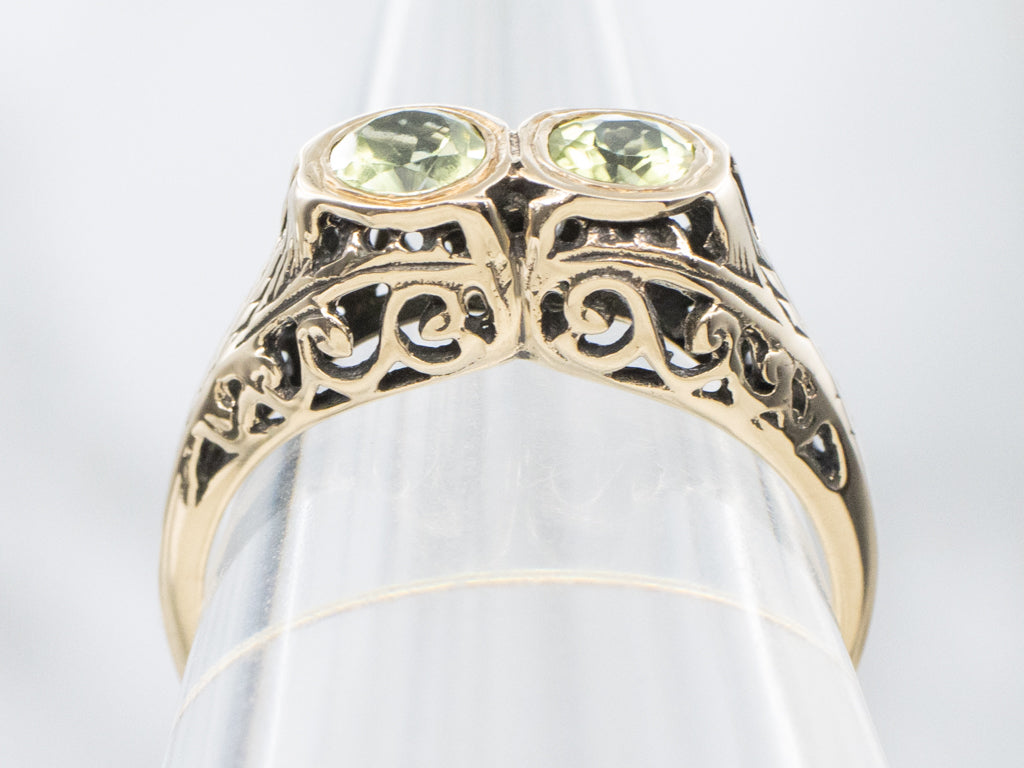 Antique Double Peridot Yellow Gold Filigree Ring