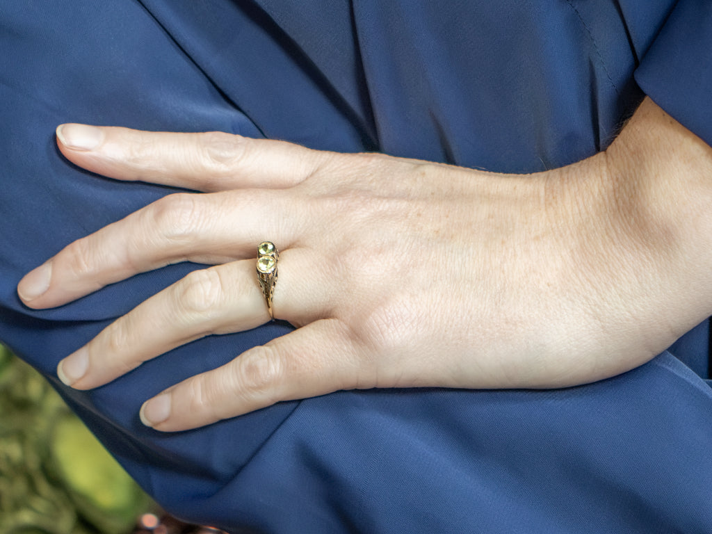 Antique Double Peridot Yellow Gold Filigree Ring
