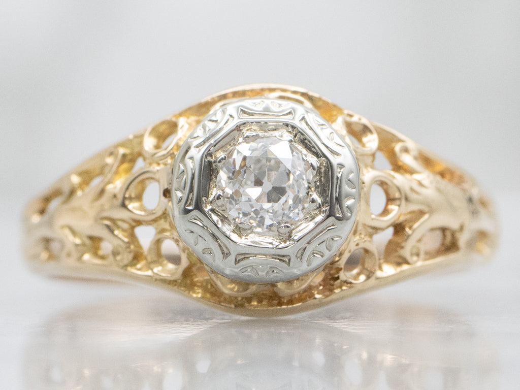Mix-Era Old Mine Cut Diamond Two-Tone Gold Filigree Solitaire Ring