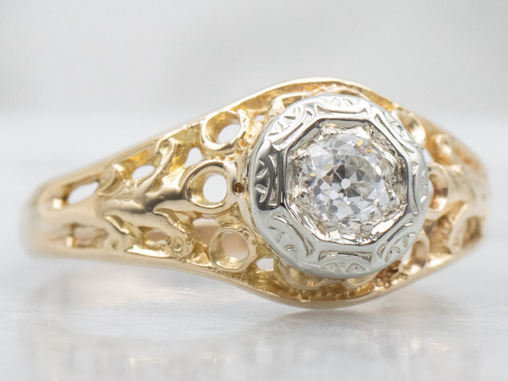 Mix-Era Old Mine Cut Diamond Two-Tone Gold Filigree Solitaire Ring