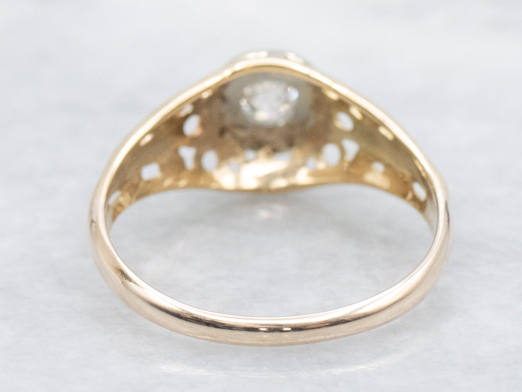 Mix-Era Old Mine Cut Diamond Two-Tone Gold Filigree Solitaire Ring