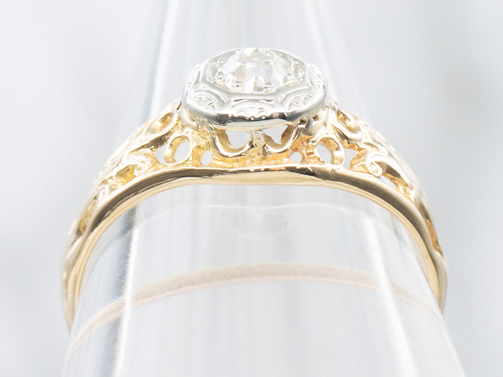 Mix-Era Old Mine Cut Diamond Two-Tone Gold Filigree Solitaire Ring