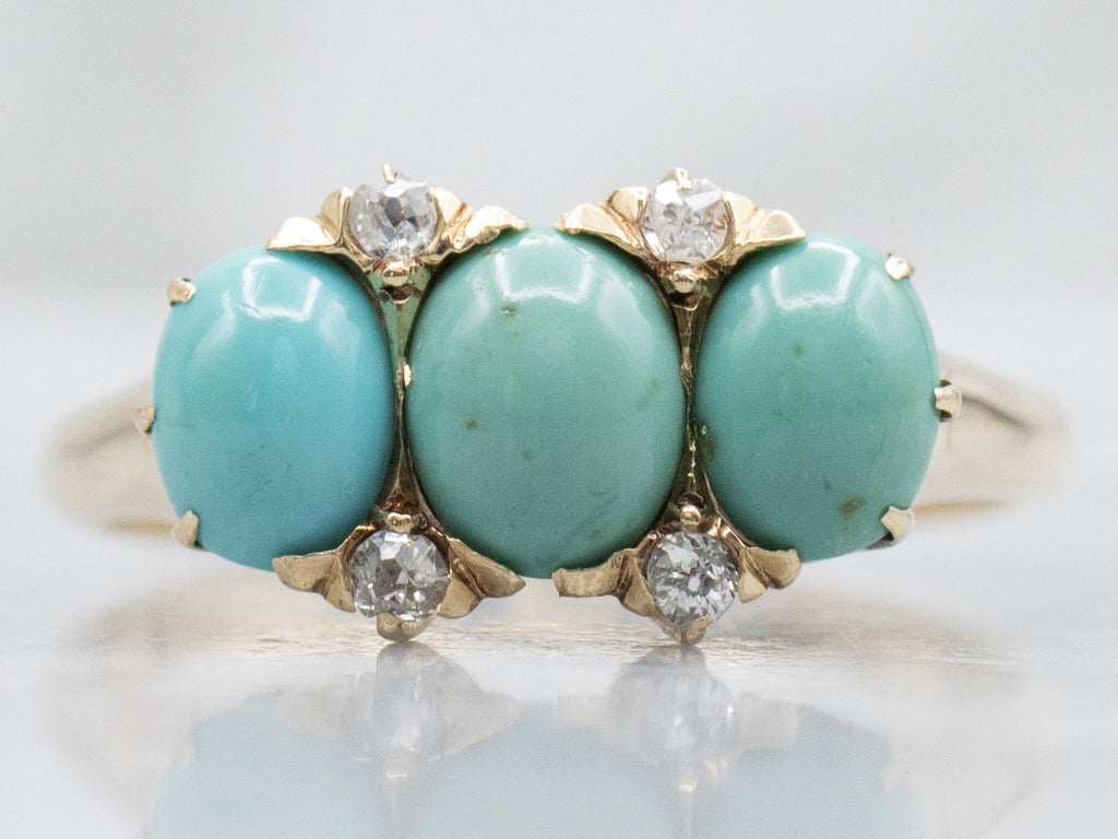 Antique Turquoise and Old Mine Cut Diamond Gold Ring