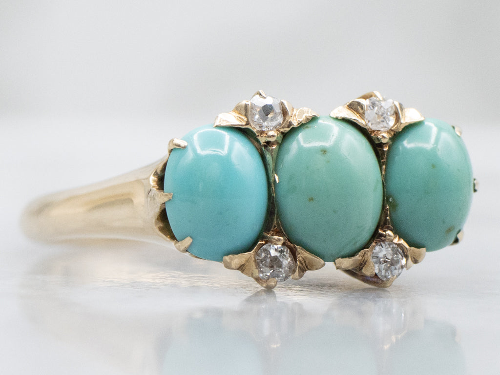 Antique Turquoise and Old Mine Cut Diamond Gold Ring