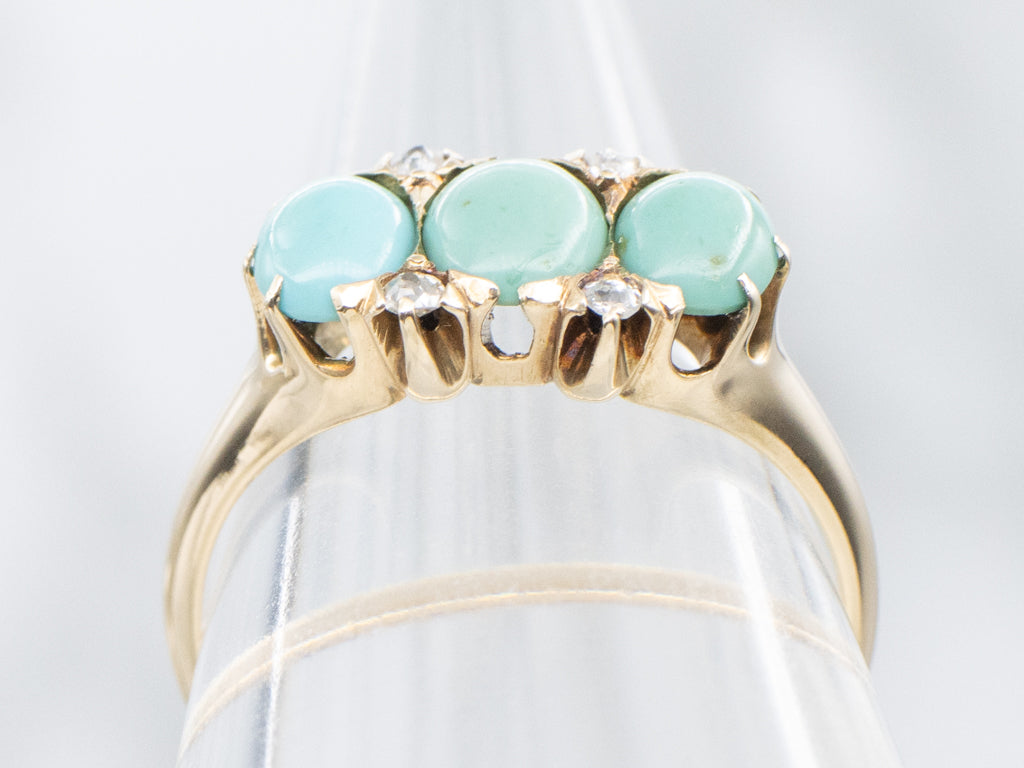 Antique Turquoise and Old Mine Cut Diamond Gold Ring