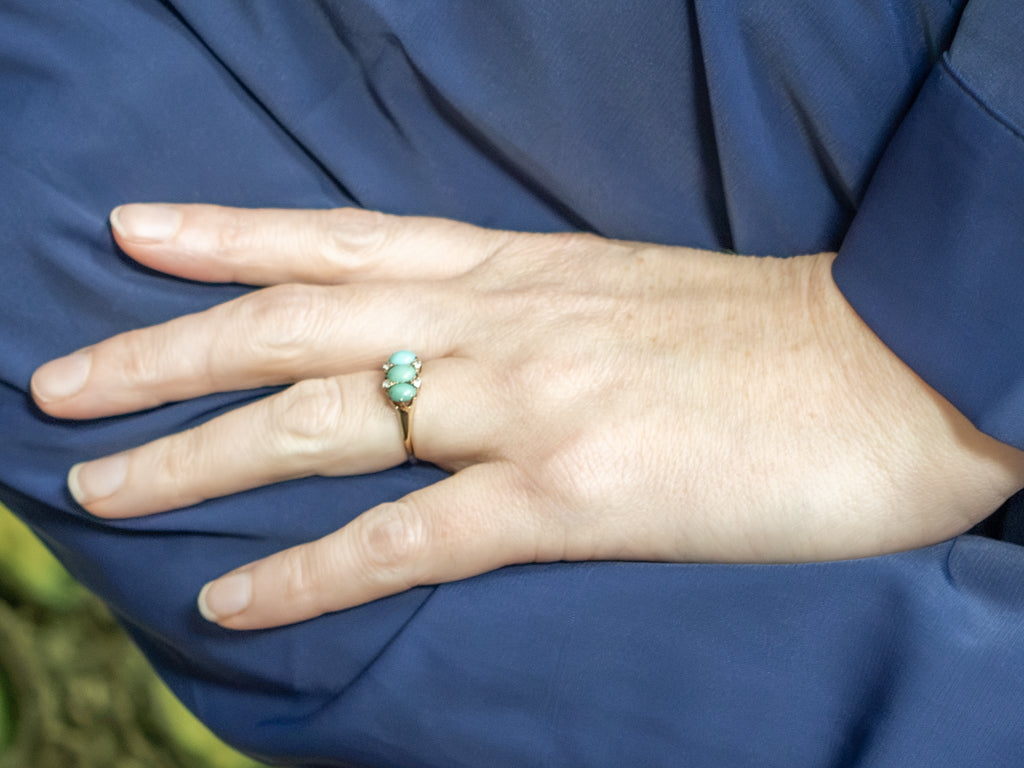 Antique Turquoise and Old Mine Cut Diamond Gold Ring
