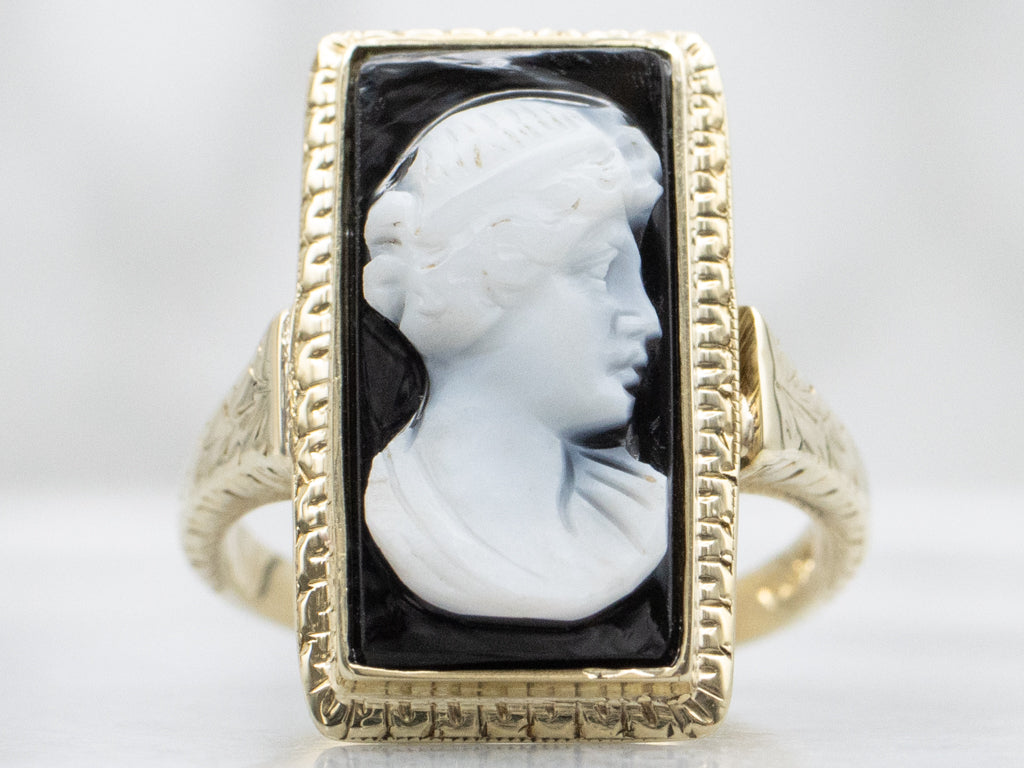 Antique Nouveau Era Onyx Cameo Ring with Hand Engravings