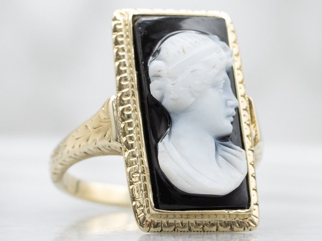 Antique Nouveau Era Onyx Cameo Ring with Hand Engravings
