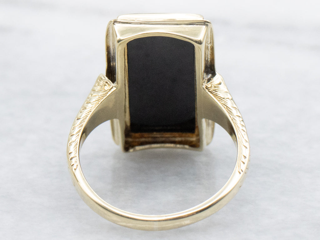 Antique Nouveau Era Onyx Cameo Ring with Hand Engravings
