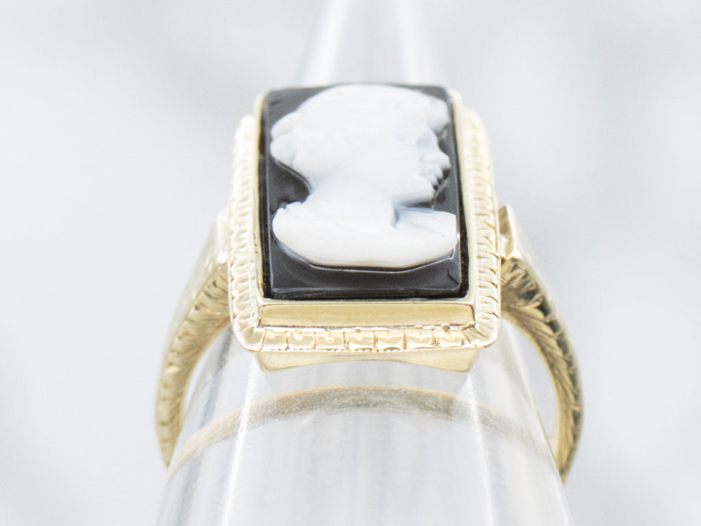 Antique Nouveau Era Onyx Cameo Ring with Hand Engravings