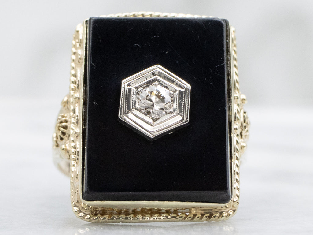 European Cut Diamond and Onyx Vintage Gold Statement Ring