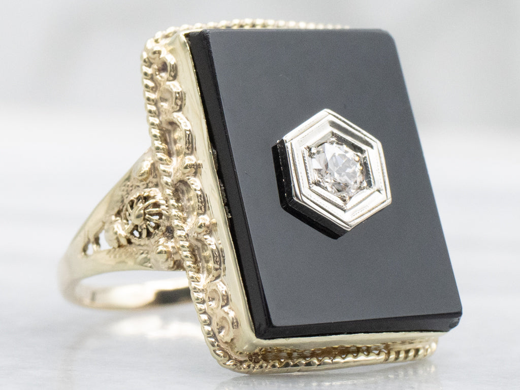 European Cut Diamond and Onyx Vintage Gold Statement Ring