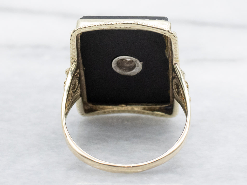 European Cut Diamond and Onyx Vintage Gold Statement Ring