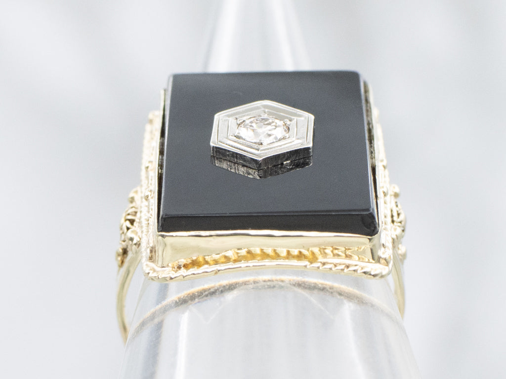 European Cut Diamond and Onyx Vintage Gold Statement Ring