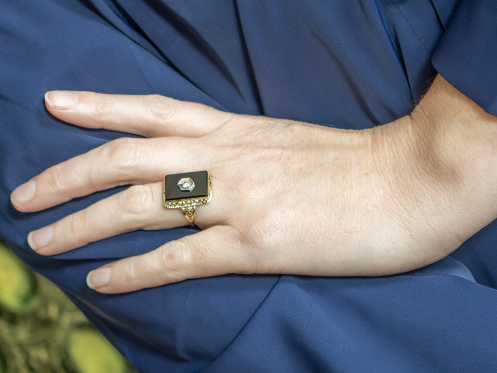 European Cut Diamond and Onyx Vintage Gold Statement Ring