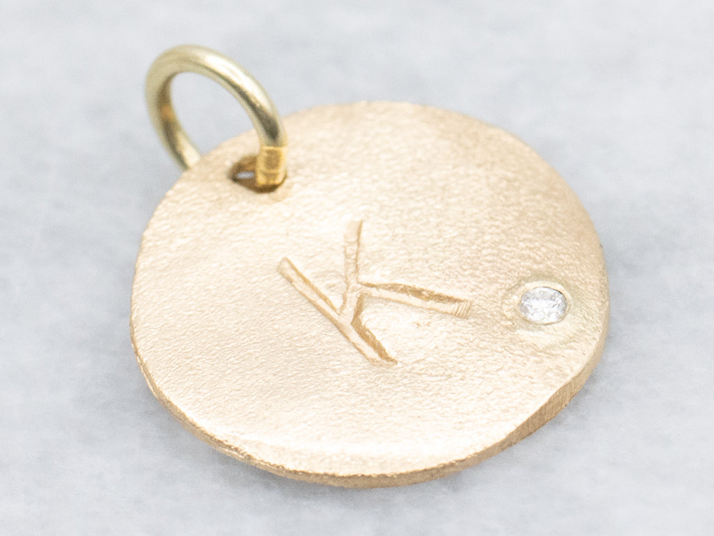 Textured Yellow Gold Initial "K" Signet Pendant with Diamond
