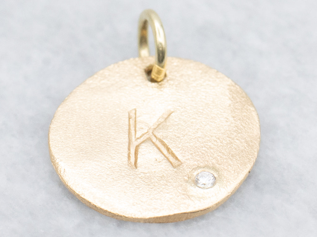 Textured Yellow Gold Initial "K" Signet Pendant with Diamond