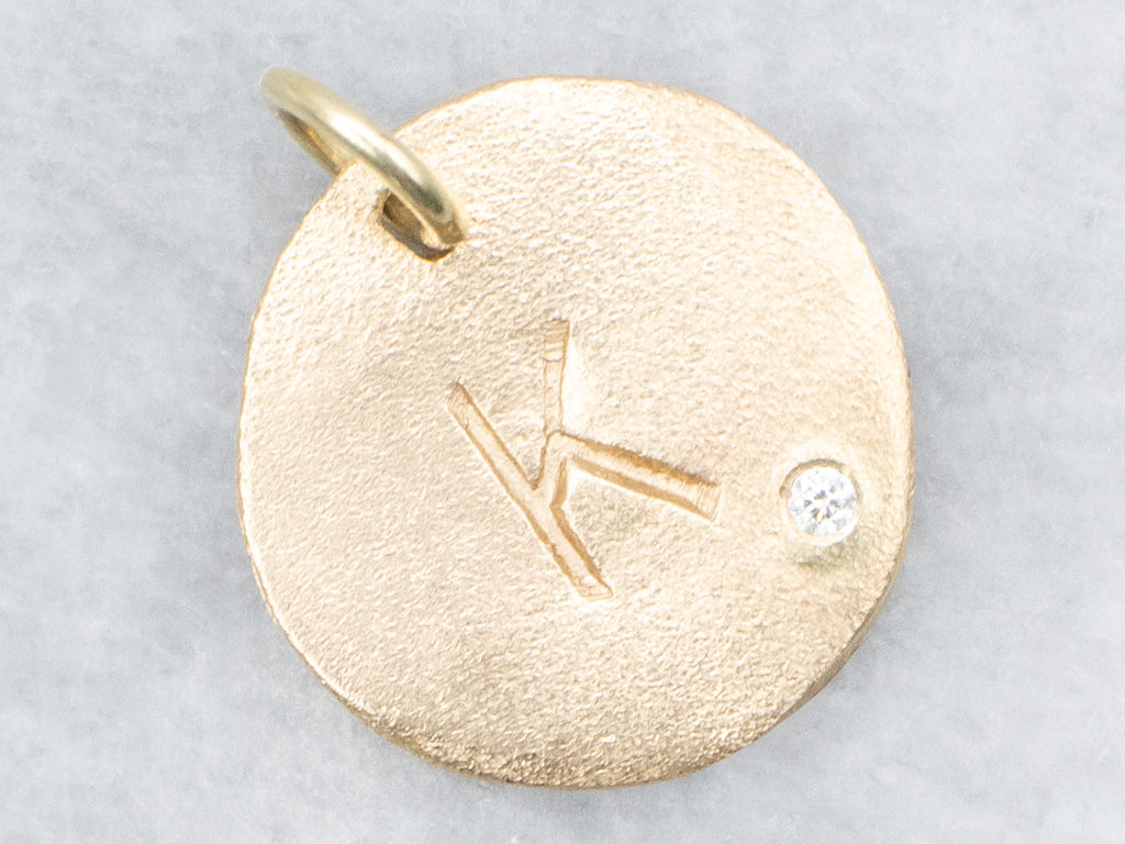 Textured Yellow Gold Initial "K" Signet Pendant with Diamond