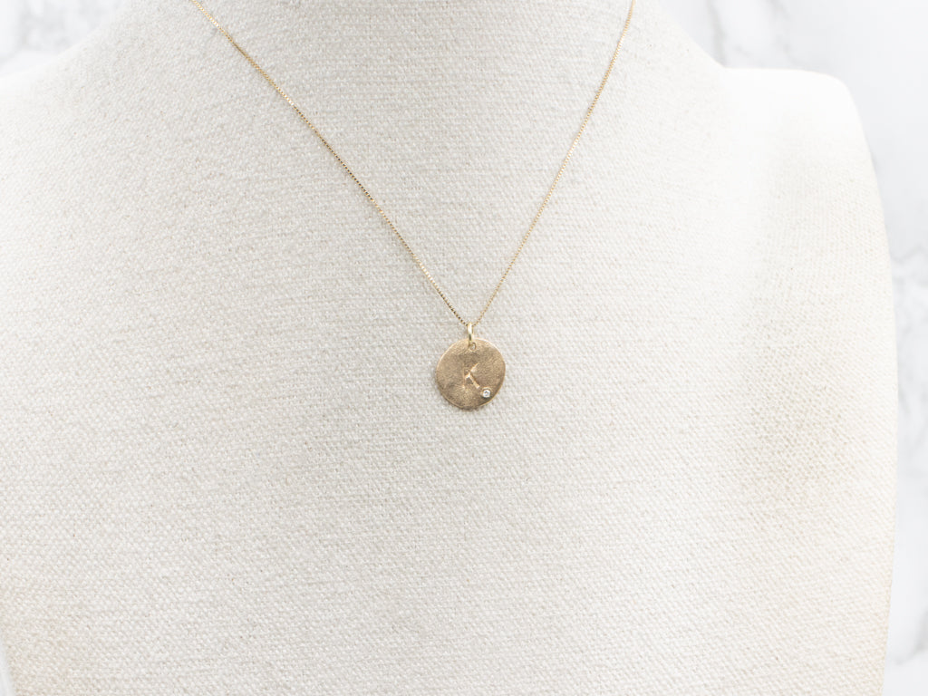 Textured Yellow Gold Initial "K" Signet Pendant with Diamond