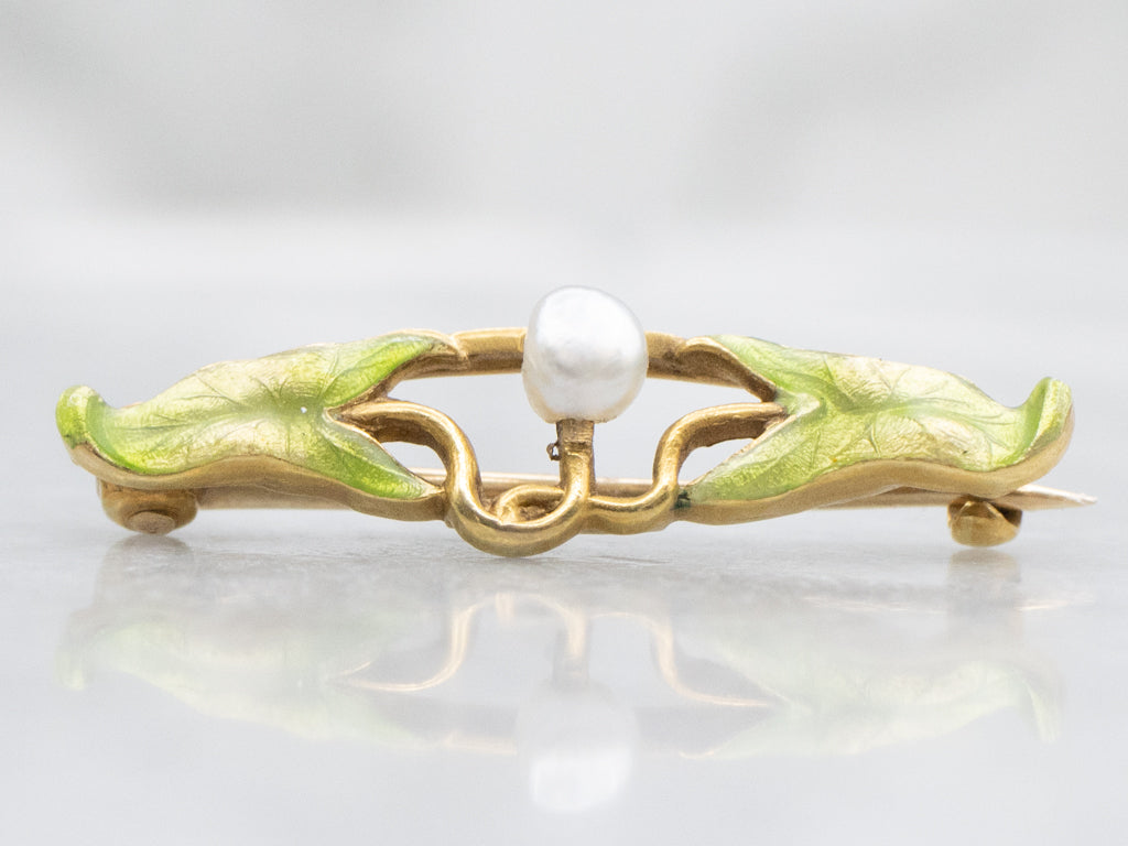 Botanical Natural Pearl and Green Enamel Art Nouveau Era Pin