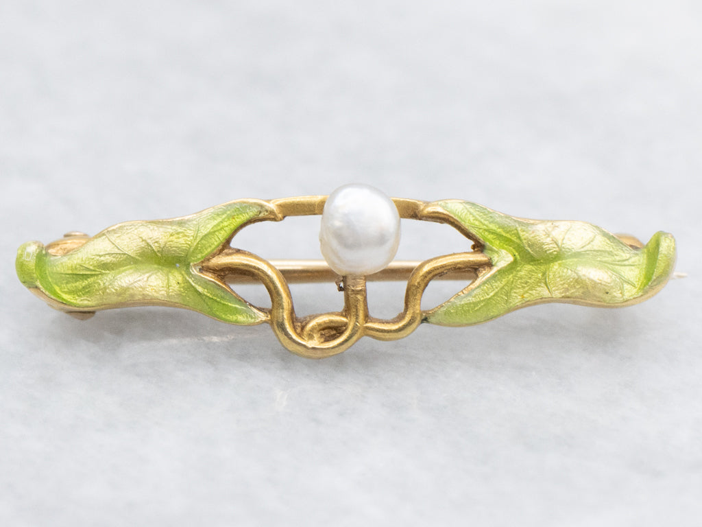 Botanical Natural Pearl and Green Enamel Art Nouveau Era Pin
