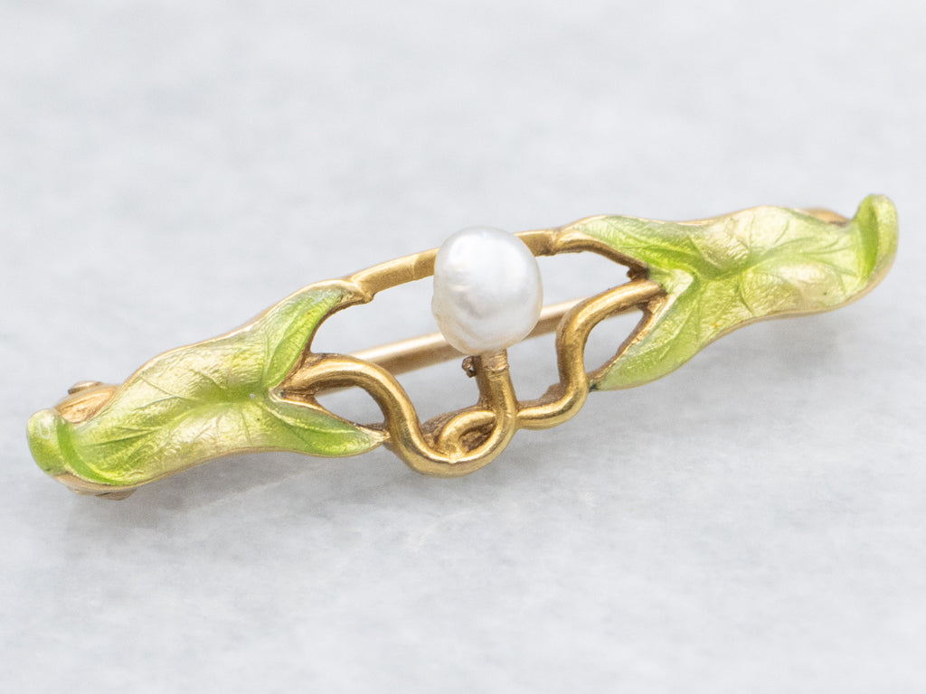 Botanical Natural Pearl and Green Enamel Art Nouveau Era Pin