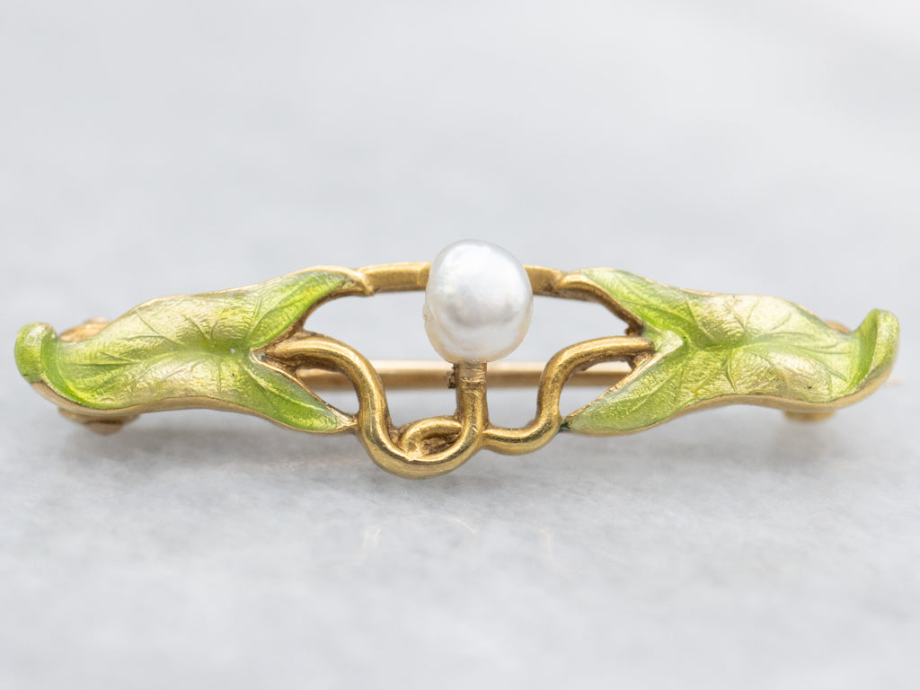 Botanical Natural Pearl and Green Enamel Art Nouveau Era Pin