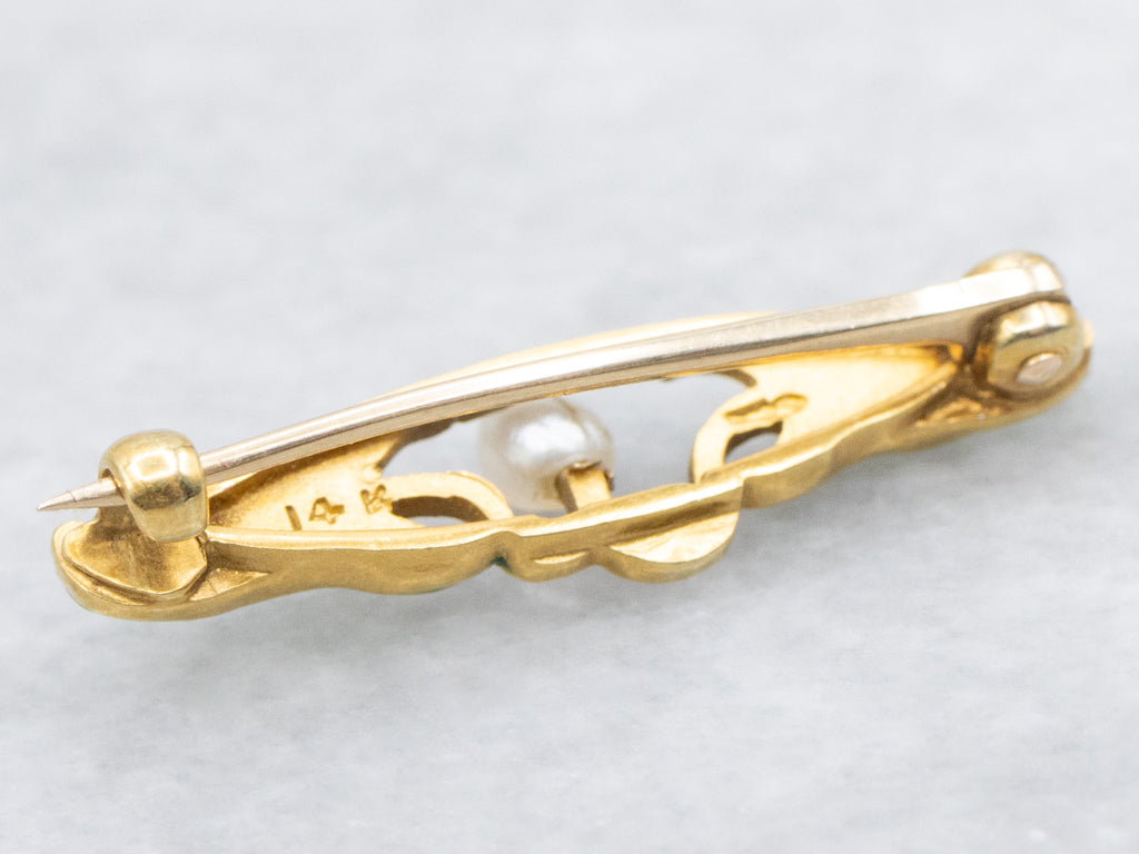 Botanical Natural Pearl and Green Enamel Art Nouveau Era Pin
