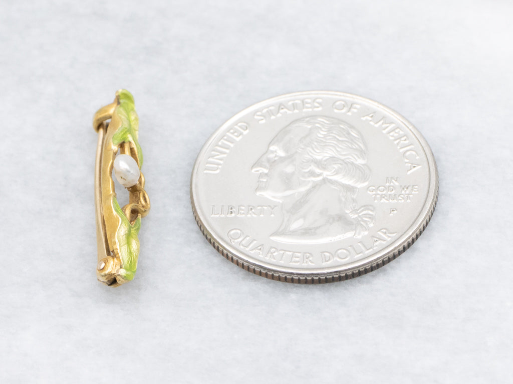 Botanical Natural Pearl and Green Enamel Art Nouveau Era Pin