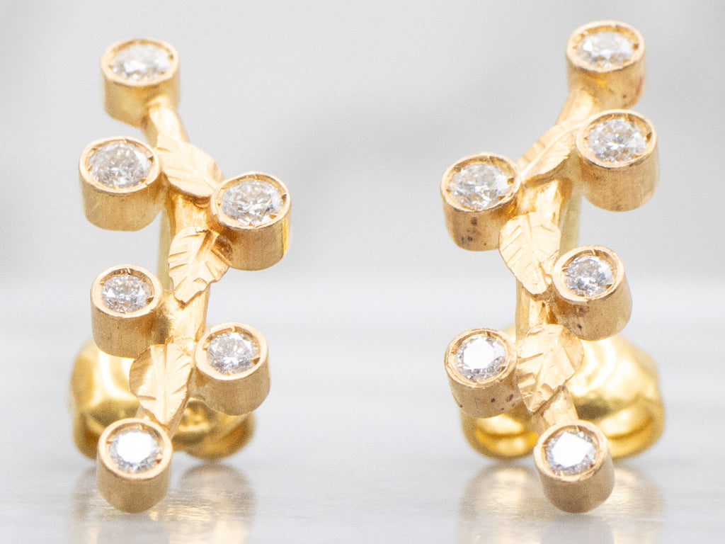 Bezel-Set Diamond Branch Botanical Yellow Gold Earrings