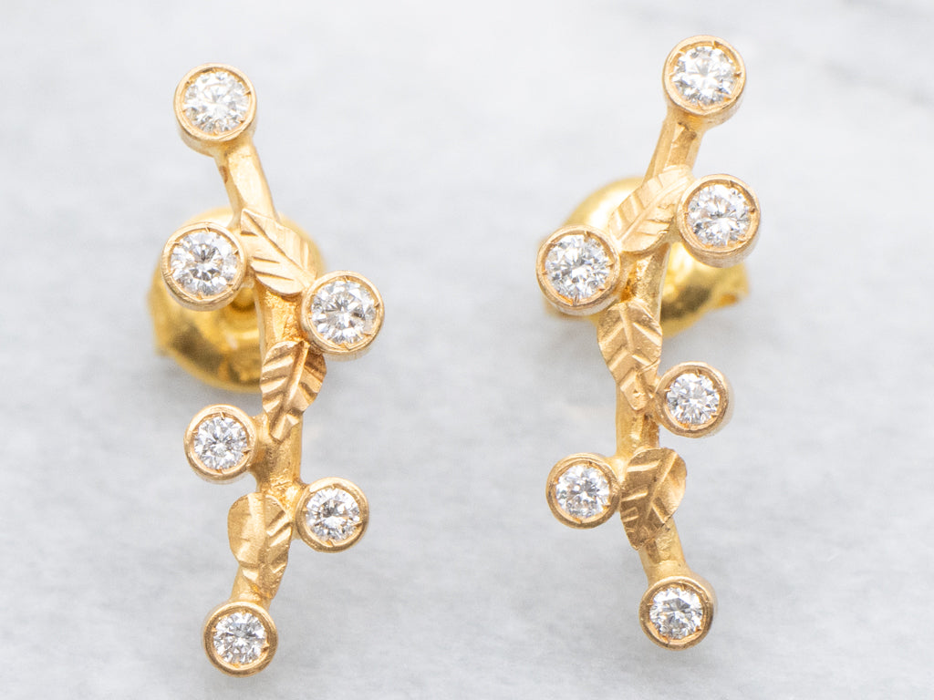 Bezel-Set Diamond Branch Botanical Yellow Gold Earrings