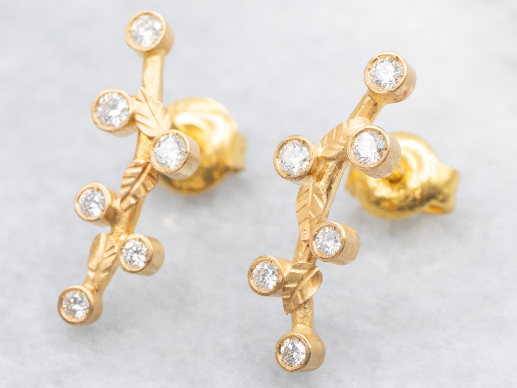 Bezel-Set Diamond Branch Botanical Yellow Gold Earrings