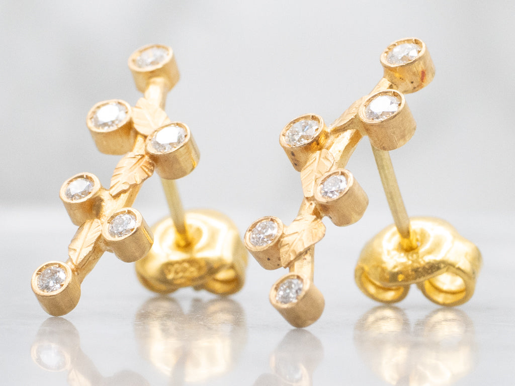 Bezel-Set Diamond Branch Botanical Yellow Gold Earrings