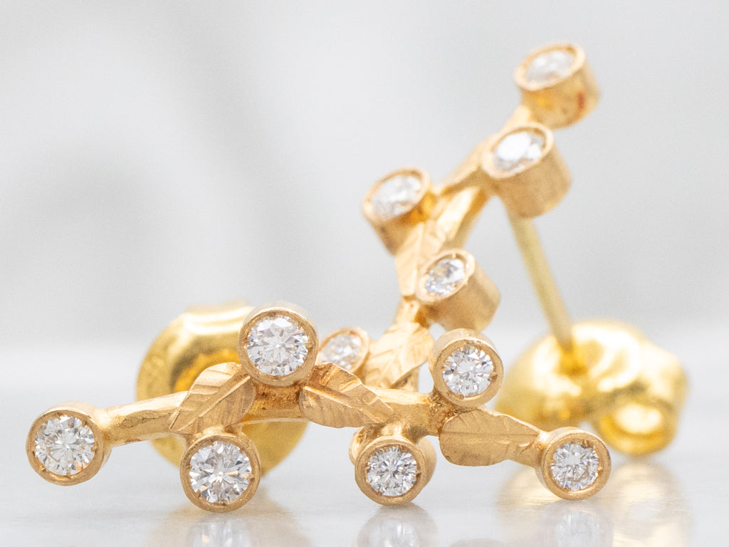 Bezel-Set Diamond Branch Botanical Yellow Gold Earrings