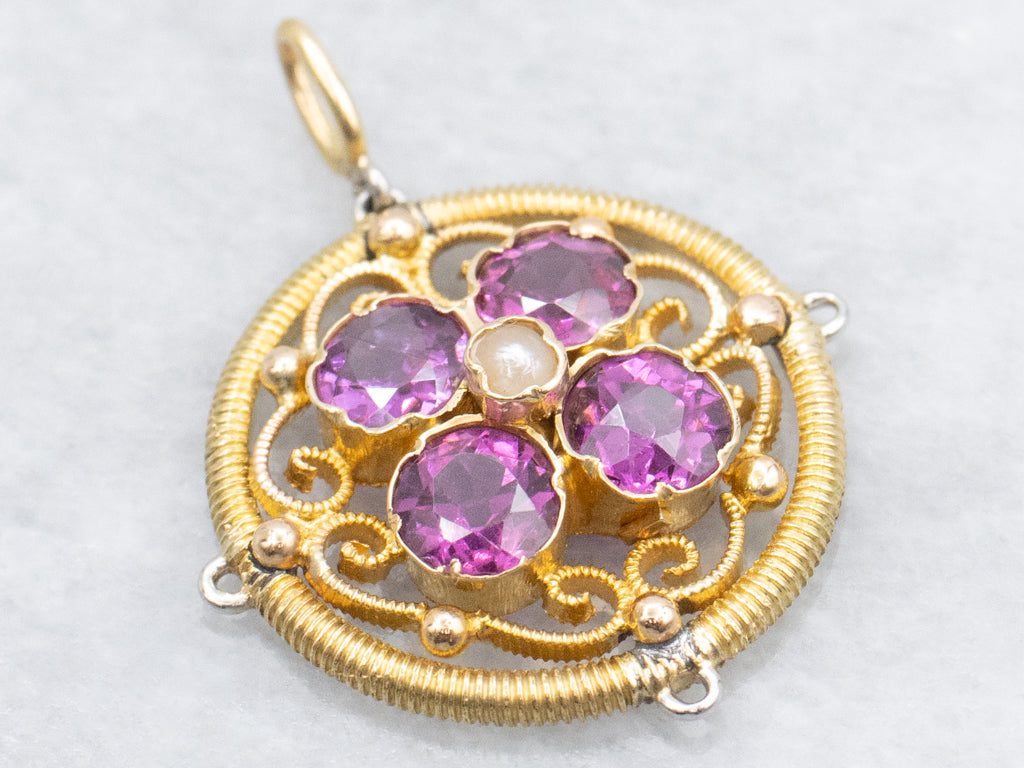 Antique Rhodolite Garnet and Seed Pearl Pendant