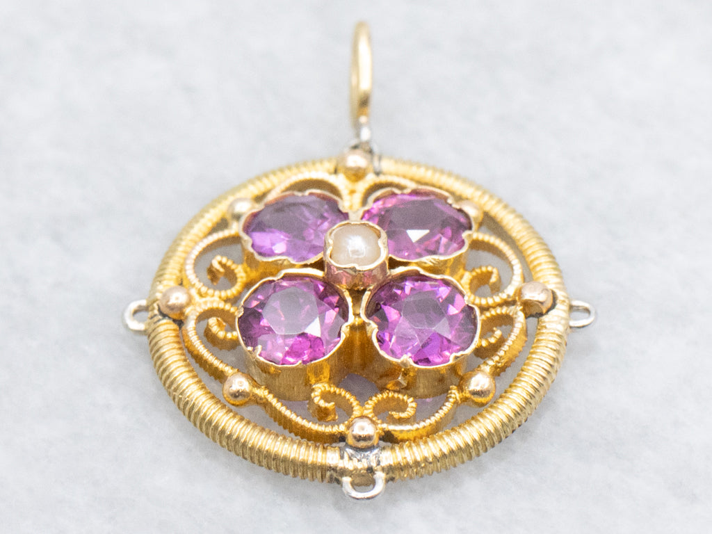 Antique Rhodolite Garnet and Seed Pearl Pendant