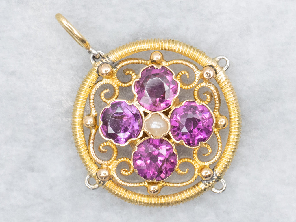Antique Rhodolite Garnet and Seed Pearl Pendant