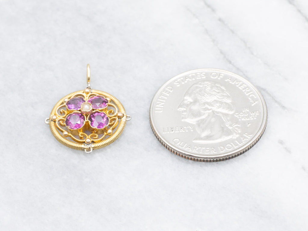 Antique Rhodolite Garnet and Seed Pearl Pendant