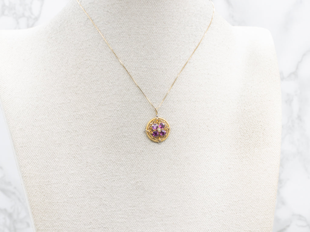 Antique Rhodolite Garnet and Seed Pearl Pendant