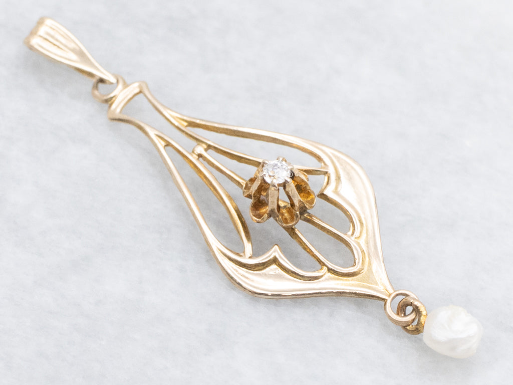Old Mine Cut Diamond Antique Gold Lavalier Pendant with Natural Pearl Drop