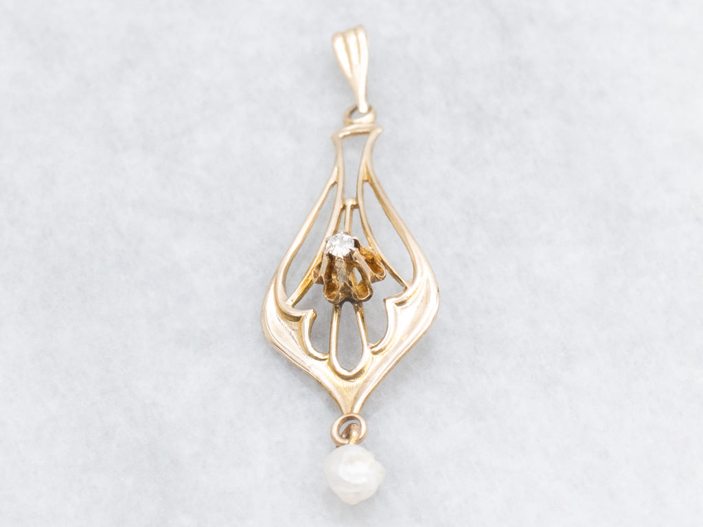 Old Mine Cut Diamond Antique Gold Lavalier Pendant with Natural Pearl Drop