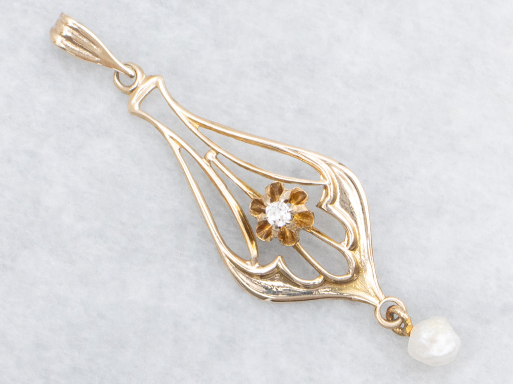 Old Mine Cut Diamond Antique Gold Lavalier Pendant with Natural Pearl Drop