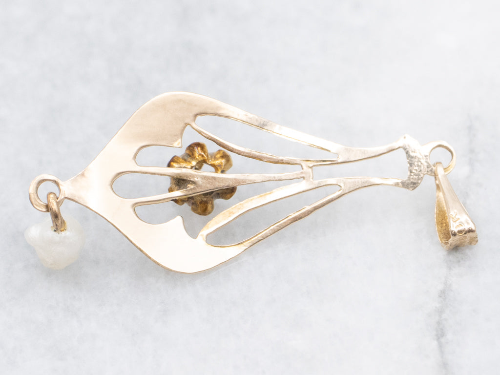 Old Mine Cut Diamond Antique Gold Lavalier Pendant with Natural Pearl Drop