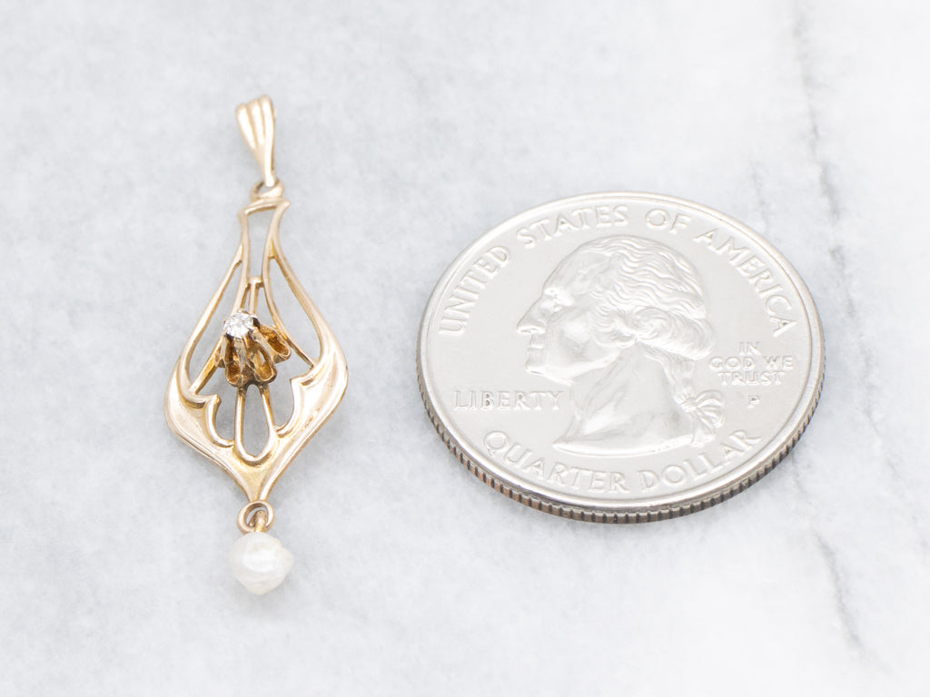 Old Mine Cut Diamond Antique Gold Lavalier Pendant with Natural Pearl Drop