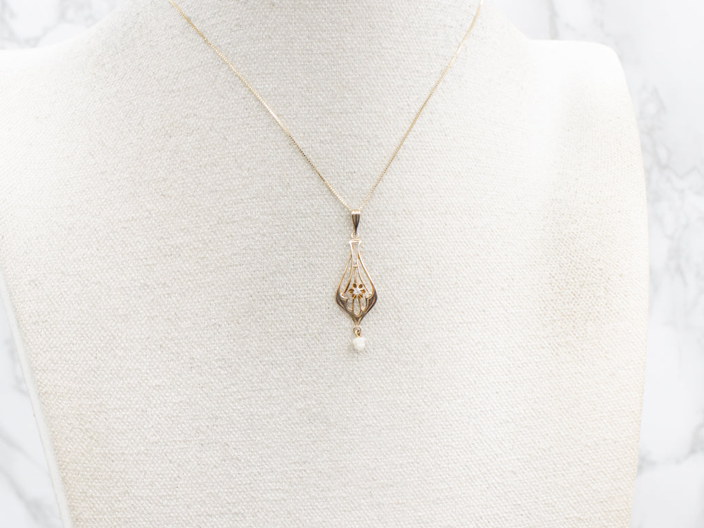 Old Mine Cut Diamond Antique Gold Lavalier Pendant with Natural Pearl Drop