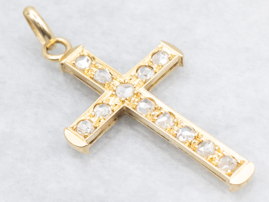 Antique Gold Rose-Cut Diamond Encrusted Cross Pendant
